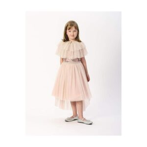 Emily West big girl's special occasion dress featuring a sequined bodice and elegant detached cape for formal celebrations