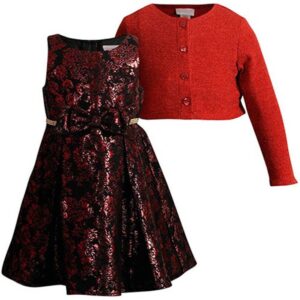 Emily West girls red party dress with jacquard fabric and button down bolero—perfect for birthdays, holidays, and formal celebrations