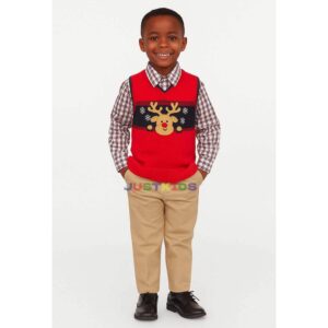 Izod little boys dressy outfit featuring red vest sweater, white shirt, and matching pants—perfect for holidays, weddings, and formal occasions