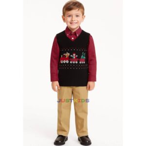 Izod little boys formal outfit featuring black vest sweater, white shirt, and matching pants—ideal for weddings, holidays, and special occasions