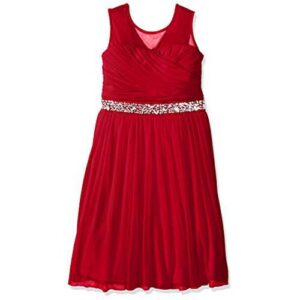 Red Speechless illusion shirred top embellished special occasion dress for girls, perfect for formal events and festive celebrations