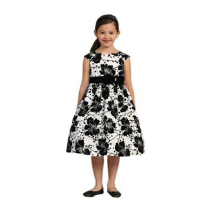 Sweet Kids little girls party dress in black and white velvet flocked fabric, designed for elegance and festive charm at special occasions