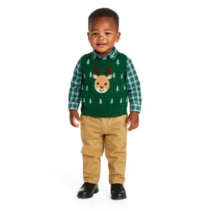 Baby boys formal wear 3-piece outfit with sweater vest, white shirt, and dress pants—ideal for weddings, birthdays, and holiday celebrations