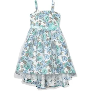 Speechless girls floral Mikado hi low mesh overlay party dress featuring vibrant blooms and elegant silhouette for special events